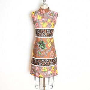 vintage 60s dress graphic brown floral print mod sheath psychedelic geometric M